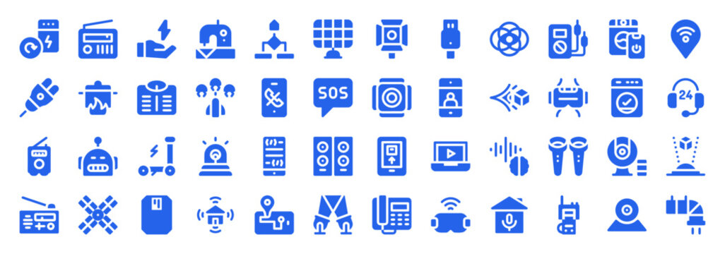 Blue technology and electronics icon set for smart home and communication interfaces