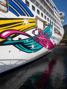 Ketchikan, Alaska, USA - June 1, 2022: Norwegian Jewel cruise liner docked at Ward Cove cruise ship terminal in Ketchikan
