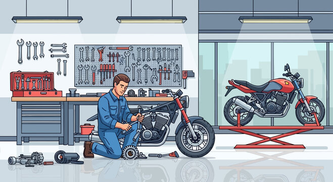 Mechanic Repairing Motorcycle Engine in Well-Equipped Workshop