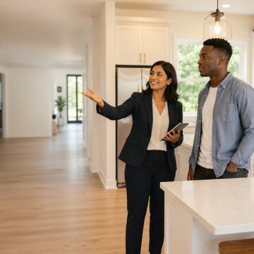 Female real estate agent holding tablet presenting modern new house kitchen interior to potential home buyer