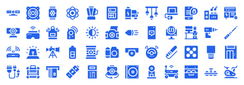 Blue flat vector icon set of household appliances, electronic gadgets, and home repair tools