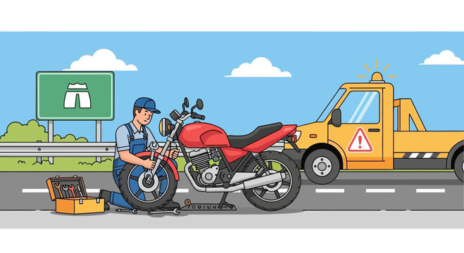 Mechanic Repairing Motorcycle Near Construction Vehicle on Roadside