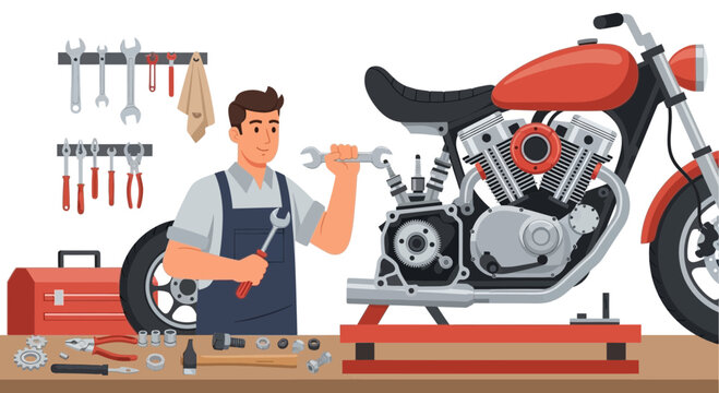 Mechanic Repairing Motorcycle Engine with Tools in Workshop