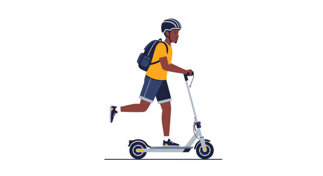 Man Riding Electric Scooter with Safety Helmet and Backpack Outdoors