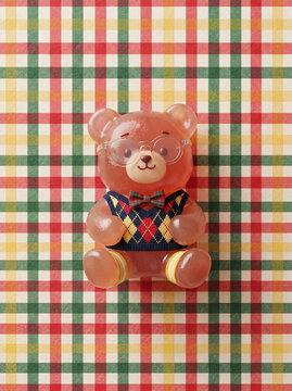 preppy style gummy bear with glasses and plaid vest on checkerboard pattern