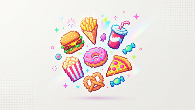 kitschy pixel art fast food snacks and sweets floating on light background