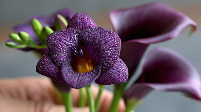 Detailed close up of a textured purple flower with water droplets botanical blooming