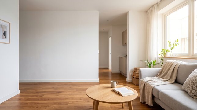 Modern bright living room interior with blank white wall copy space for real estate investment