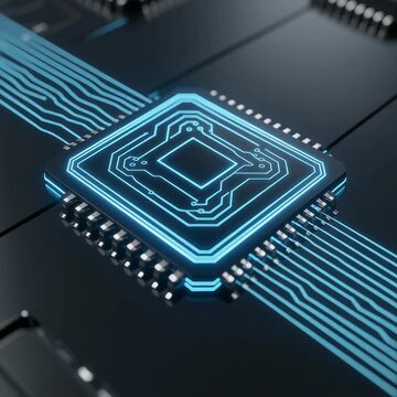 Close-up of a glowing silicon microchip. Modern computer processor unit with digital circuits.