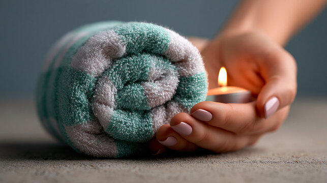 Woman hands holding a rolled towel and a small lit candle for spa relaxation with wellness