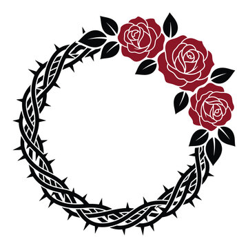 Red roses and thorns circle frame with leaves isolated on transparent background icon