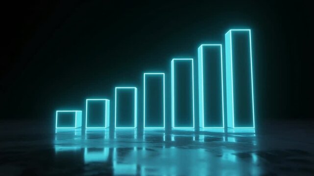 Glowing cyan bar chart rising. Animated 3D financial growth graph on dark background.