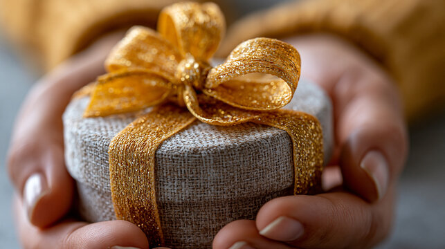 Person holding a small round gift box with a sparkling gold ribbon bow, celebration