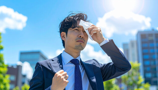 真夏の暑さで汗を拭く30代前半の日本人ビジネスマン
熱中症Japanese businessman in his early thirties wiping sweat on a hot summer day