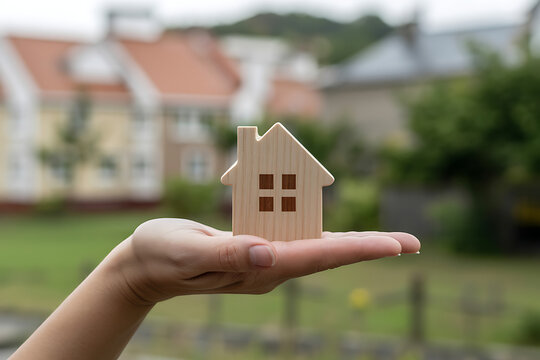 Person holding small wooden house model