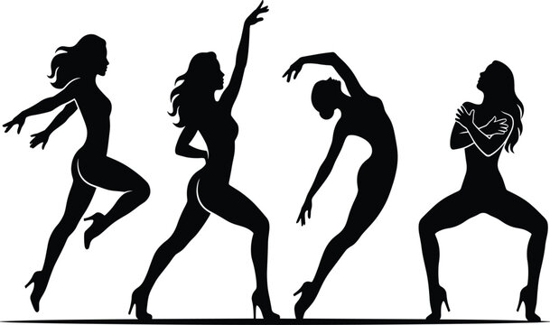 Set of Dancing Women Silhouettes in High Heels Expressing Grace Motion and Elegance