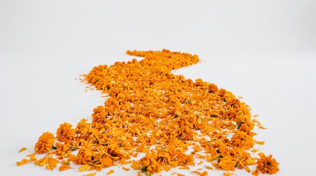 A winding path made of vibrant orange marigold flower petals on a white background