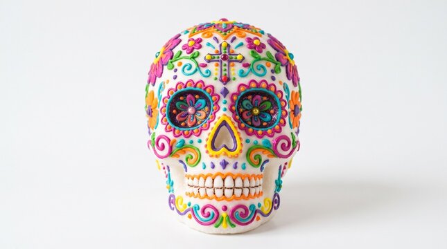 Colorful traditional Mexican sugar skull decorated with flowers and swirls