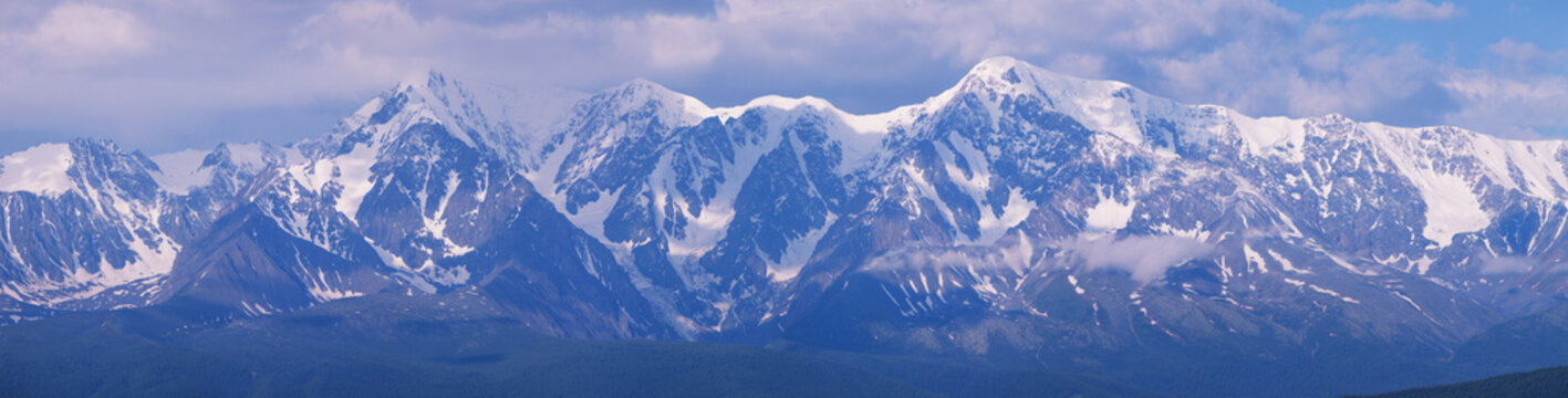 Mountain landscape, snow-capped peaks, glaciers, mountain climbing and mountaineering, panoramic view