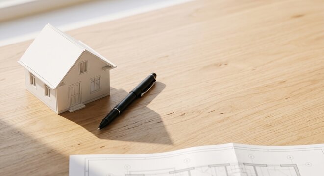 White architectural house model with pen and floor plan blueprint for real estate investment concept