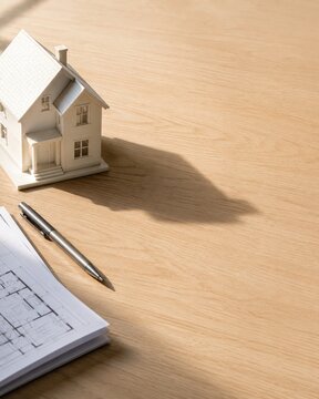 White house model with pen and architectural blueprint on wooden desk for real estate investment and home planning