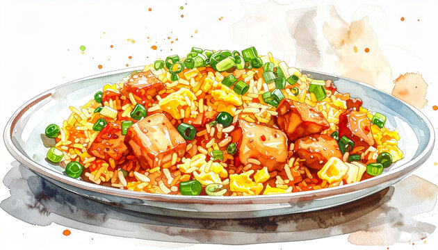 湯気が立ちのぼるチャーハンの手描き水彩イラスト
Hand-painted watercolor illustration of steaming fried rice