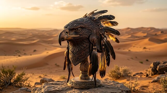 Ornate eagle headdress with feathers in a vast desert sunset