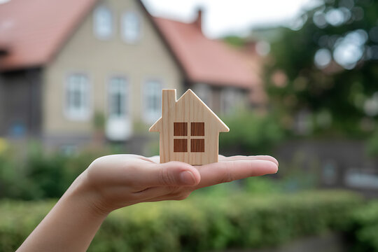 Small wooden house model in human hand