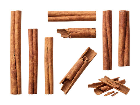 Assortment of cinnamon sticks and broken pieces on black png isolated on transparent background