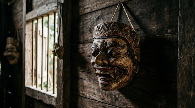 Traditional wooden demon mask hanging on an old rustic wall