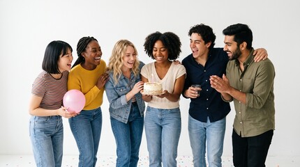Obraz premium Joyful celebration with friends around a birthday cake