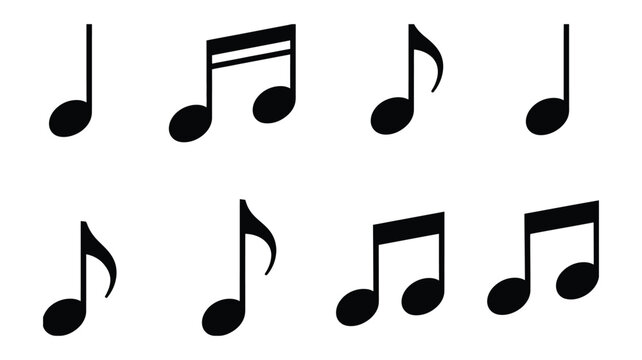 Musical note icon set, black music notation symbols for audio sound, melody, rhythm, and creative music design.