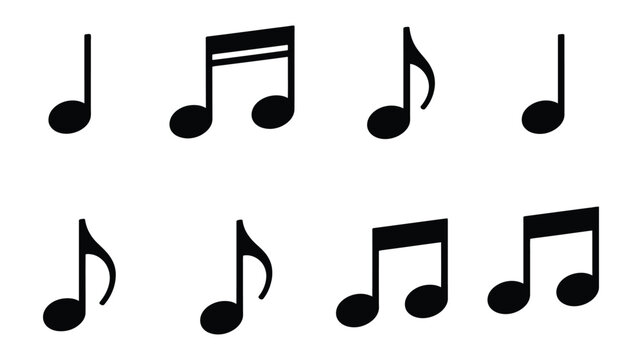 Musical note icon set, black music notation symbols for audio sound, melody, rhythm, and creative music design.