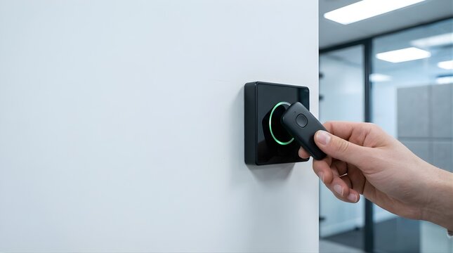 Hand using electronic key fob for secure office access control system
