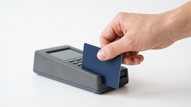 Hand swiping a credit card at a payment terminal for transaction processing