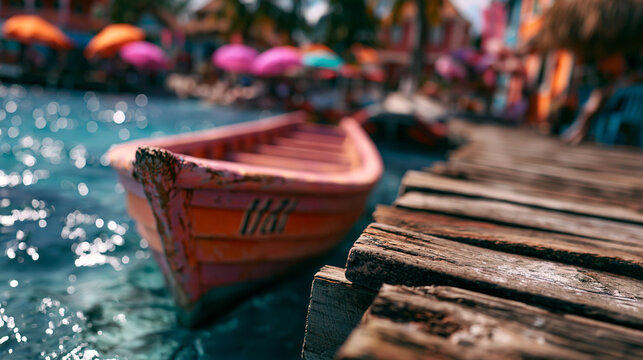 Small wooden boat moored at a weathered pier with blurry beach umbrellas behind