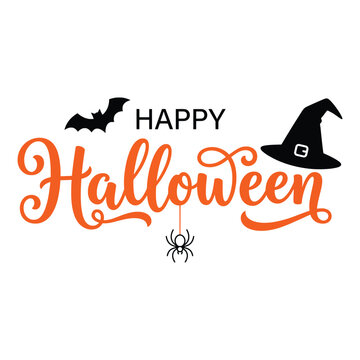 Happy Halloween Hand Lettering with Witch Hat and Bat Vector