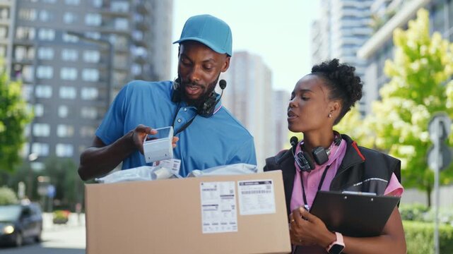 Two delivery workers talk while walking on a city street. One holds a box of packages, and the other has a clipboard. Trees and buildings surround them.