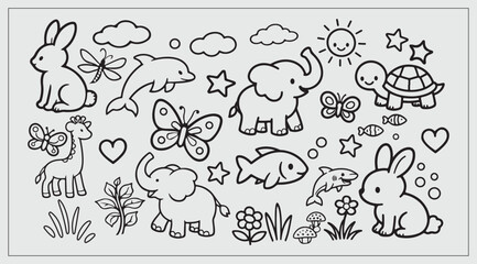 Obraz premium Whimsical Outline Animals and Nature Elements for Children's Coloring Pages and Educational Graphics