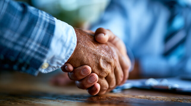 Close up of an elderly person and a younger person shaking hands in agreement