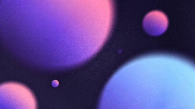 Abstract grainy background with blurred aura gradient floating spheres in vibrant purple pink light blue and dark violet colors for design backdrops.