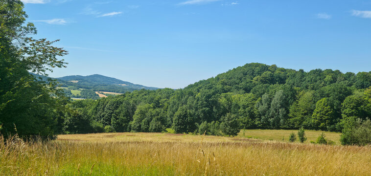 Panoramic view of hills and mountains in the Kaczawskie Mountains