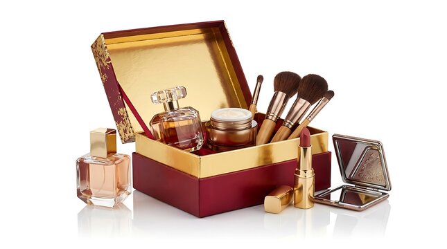 Open luxury cosmetic makeup box with brushes lipstick perfume and small mirror on a table surface. limited edition beauty bundles