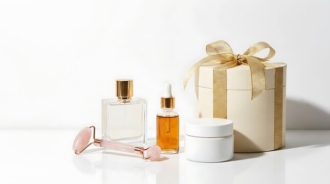 Cosmetic beauty products with a rose quartz face roller and a luxury gift box for a skincare routine. limited edition beauty bundles