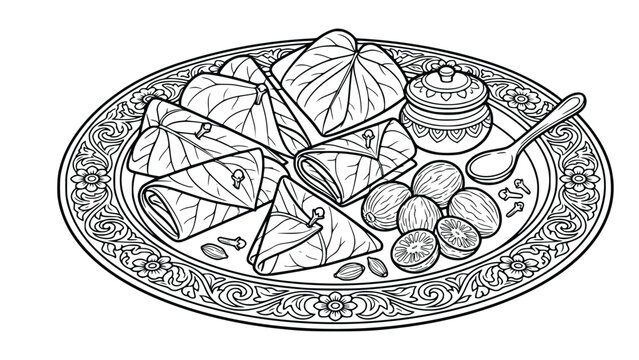 Paan betel leaf platter with areca nuts and spices coloring page