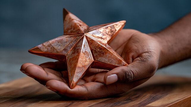 Human hand holding a decorative bronze metal star object with star shape, award ceremony