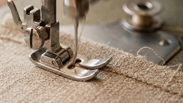 Macro tracking shot of sewing machine presser foot stitching burlap fabric on a workshop table; needle piercing and feeding thread in focused daytime studio
