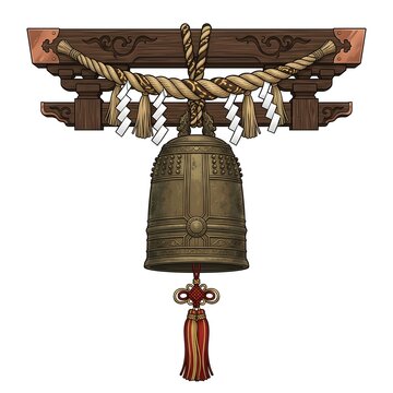 Traditional Japanese bronze temple bell (Bonsho) suspended from a wooden beam with sacred shimenawa rope and shide paper. Authentic Asian cultural and religious illustration.