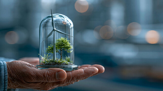 Sustainable energy concept with wind turbine miniature in glass cloche, friendly