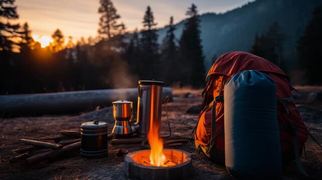 Cozy Forest Campsite with Campfire and Outdoor Cooking at Sunset